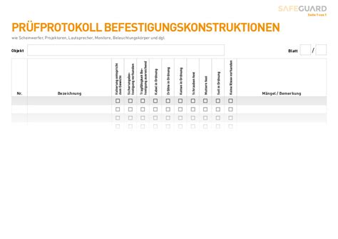 Pr Fprotokoll Befestigungskonstruktionen Wand Decke Vorlage Safeguard