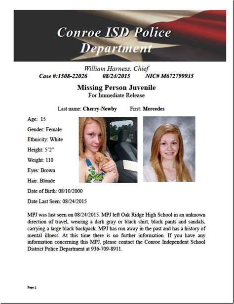 Missing Juvenile Oak Ridge Area Montgomery County Police Reporter