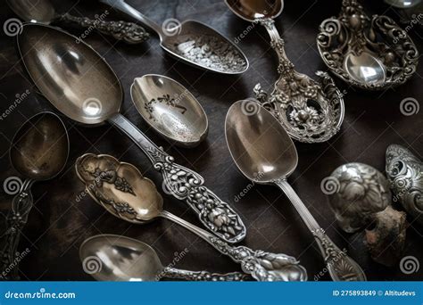 Antique Silver Spoon Collection, with Spoons of Various Shapes and ...