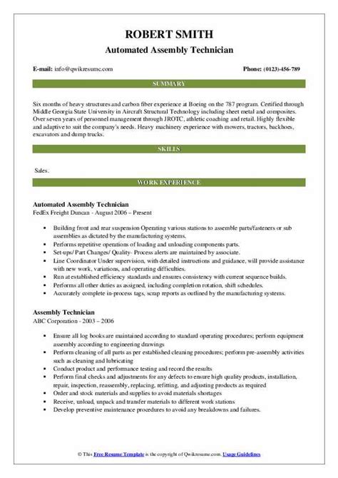 Assembly Technician Resume Samples Qwikresume