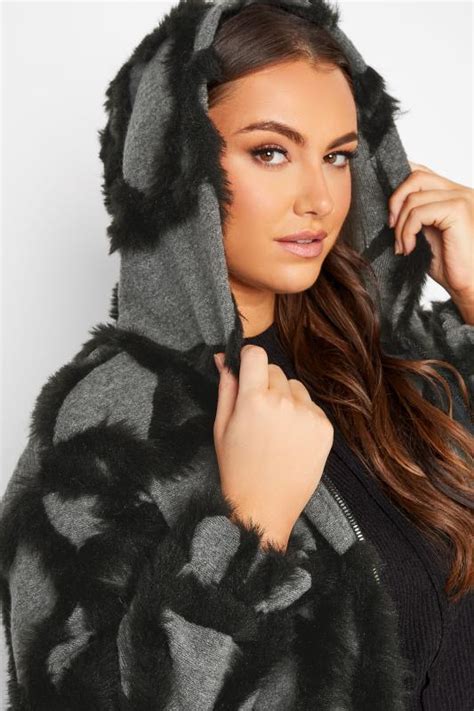 Yours Luxury Plus Size Grey Faux Fur Stripe Hooded Jacket Yours Clothing