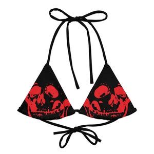 Skull String Bikini Top All Over Print Red Black Gothic Two Tone Punk Swimwear Poolside
