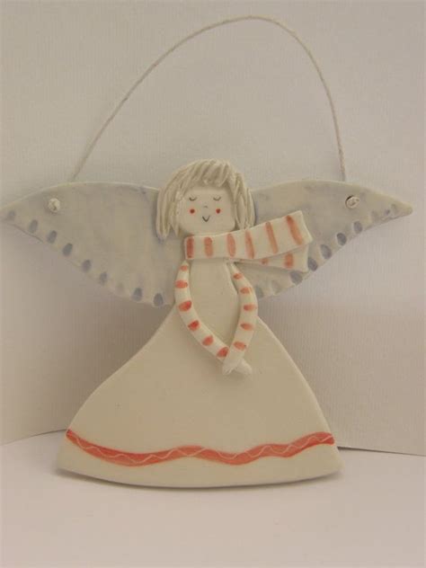 Ceramic Angel Cute Angel Ornament With Scarf White Red Etsy Ceramic