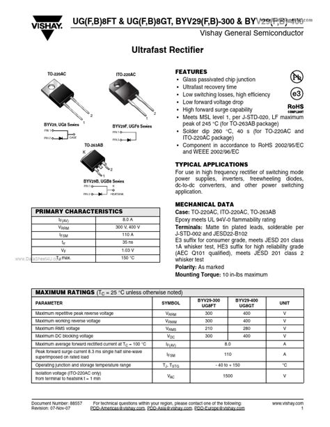 UGF8GT Vishay Siliconix Rectifier Hoja de datos Ficha técnica