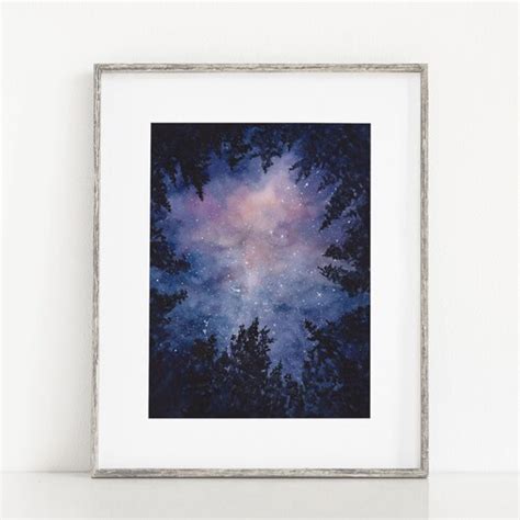 Starry Night Sky Pine Tree Watercolor Art Print Evergreen Etsy