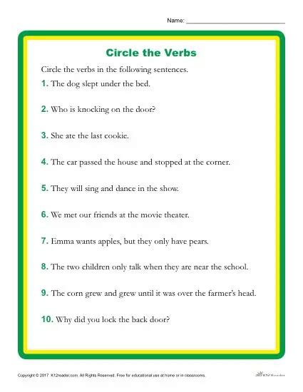 Circle The Verbs Printable Nd Rd Grade Grammar Activity