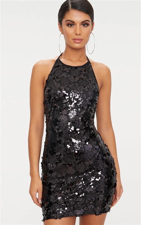 Black Sequin Halterneck Bodycon Dress Prettylittlething