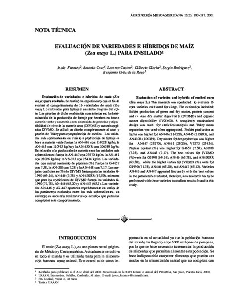 Pdf Evaluación De Variedades E Híbridos De Maíz Zea Mays L Para