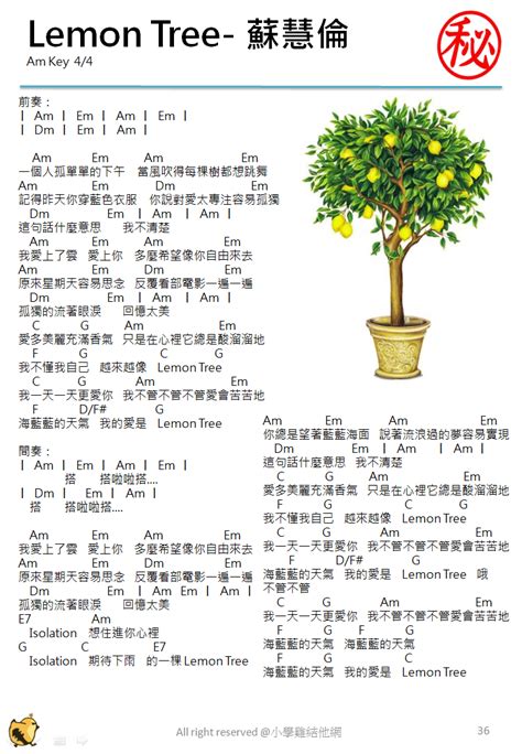 小學雞結他筆記 Lemon Tree 蘇慧倫 結他譜 Chord譜 結他教學