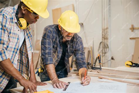 Premium Photo Two Carpenter Man Wear Helmet Meeting Planning Job