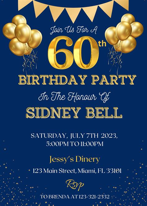 Editable Golden Balloons 60th Birthday Invitation Digital Template Dark Blue And Gold Birthday