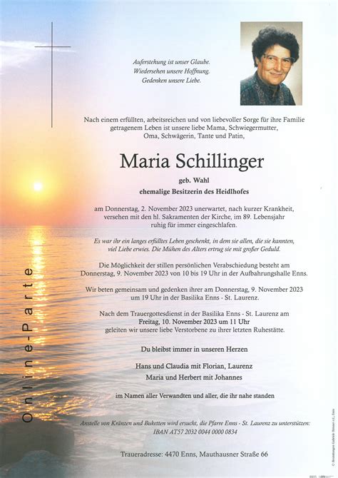 Maria Schillinger Bestattung Brixner Enns