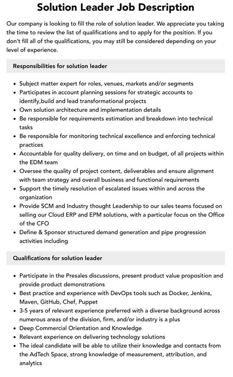 Solution Leader Job Description Velvet Jobs