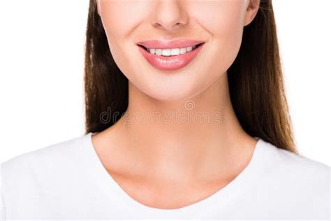 Close Up View Of Smiling Woman With Nude Makeup Stock Photo Image Of