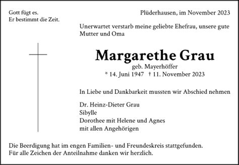 Traueranzeigen Von Margarethe Grau Zvw Trauer