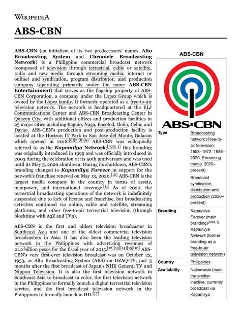 ABS CBN Wikipedia Asd ABS CBN Type Broadcasting Network Free To