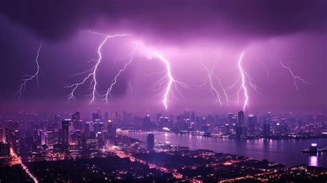 Premium Ai Image A Purple Lightning Storm Over A City With A City In