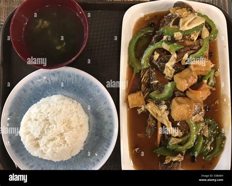 Soy Sauce Braised Fish With Bitter Gourd And Dried Curd Sticks At