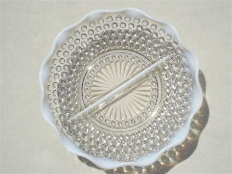 Moonstone Opalescent Glass Relish Dish Vintage Hobnail Pattern Divided