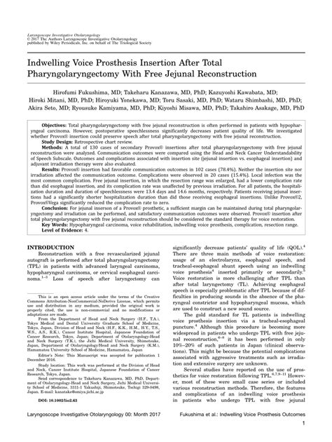 Pdf Indwelling Voice Prosthesis Insertion After Total