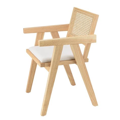 Fauteuil bois dHévéa assise tissu blanc dossier rotin naturel AGATHE