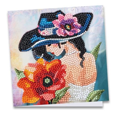 Diamond Painting Grußkarte Damenmotiv mit roter Blume 16cm x 16cm