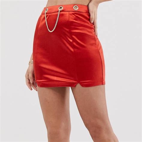 ⛽️red Satin Mini Skirt With Gold Chain⛽️ Super Cute Depop