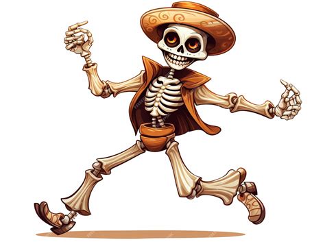 Premium Photo Cartoon Skeleton In A Sombren Running With A Hat And A