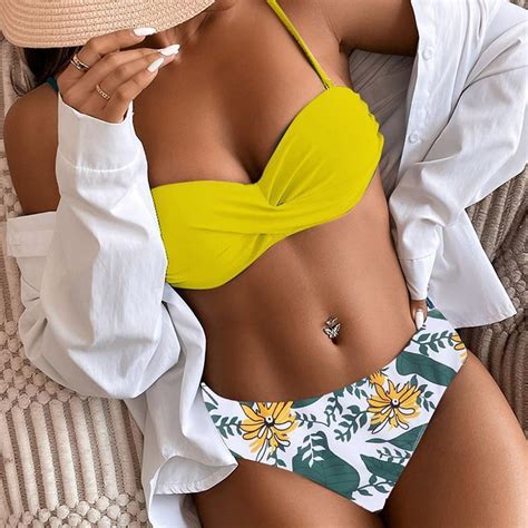 Cheap Fashion Women S Sexy Split High Waist Sling Print Swimsuit Bikini