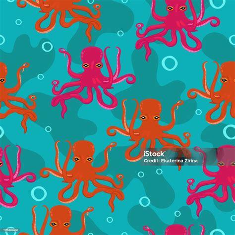 Seamless Pattern With Pink And Red Octopuses Stock Illustration