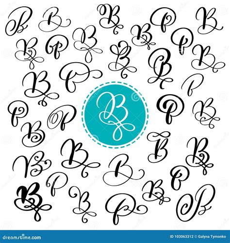 Set Of Hand Drawn Vector Calligraphy Letter B Script Font Isolated