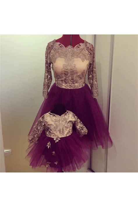 Set Mama Fiica Din Broderie Roz Prafuit Captuseala Nude Si Tulle Mov Pruna