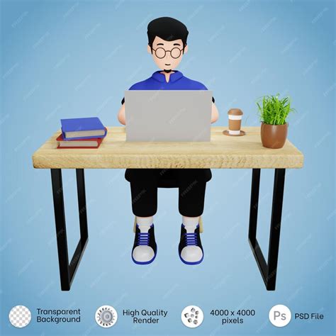 Premium Psd 3d Male Character Illustration Working At Desk With