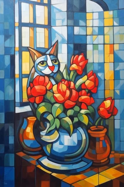 Una pintura de un gato y un jarrón de flores Foto Premium