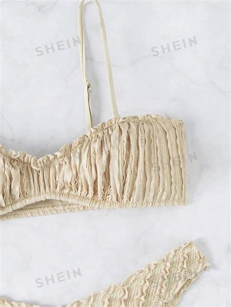 SHEIN X SAMADHI SHEIN Swim Ladies' Solid Summer Beach Textured Frill Trim Bikini Swimwear Set ...