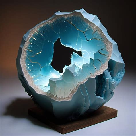 Premium Ai Image Arafed Blue Glass Sculpture With A Wooden Base On A White Surface Generative Ai