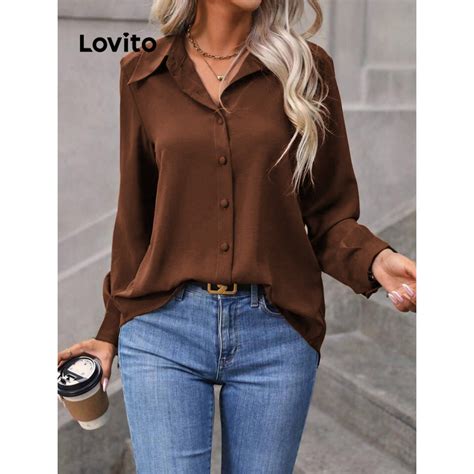 Lovito Blusa frontal casual botão liso para mulher n LNL298