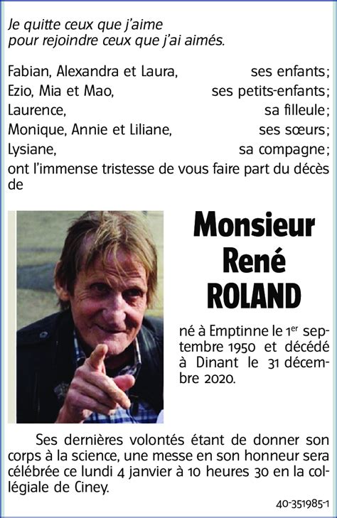 Avis De Décès De René Roland Décédé Le 31122020 à Dinant Annonce