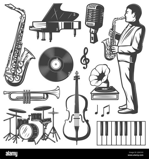 Vintage Jazz Music Elements Collection With Musician Saxophone Piano