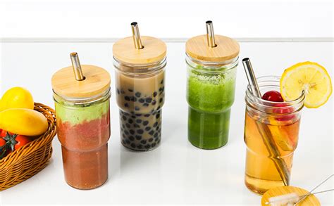 MUJUZE Bubble Tea Cup Set 4PCS 650mL Bubble Tea Gläser mit Deckel aus