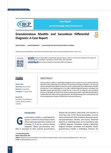 Granulomatous Mastitis and Sarcoidosis Differential Diagnosis: a Case Report - DocsLib