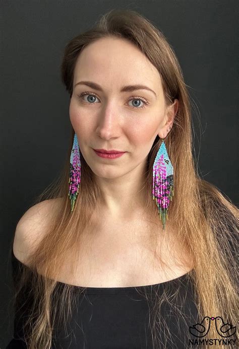 Mountain Landscape Beaded Earrings Fireweed Flowers Beadwork Earrings