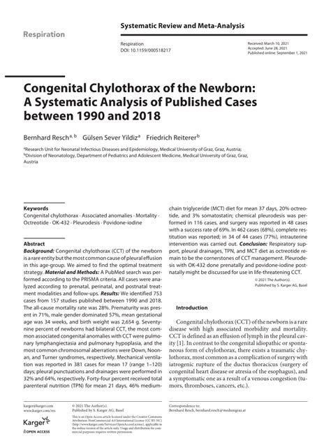 Pdf Congenital Chylothorax Of The Newborn A Systematic Analysis Of