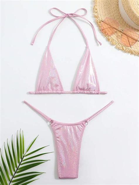 Shein Swim Sxy Metallic Bikini Set Micro Triangle Bra O Ring Linked