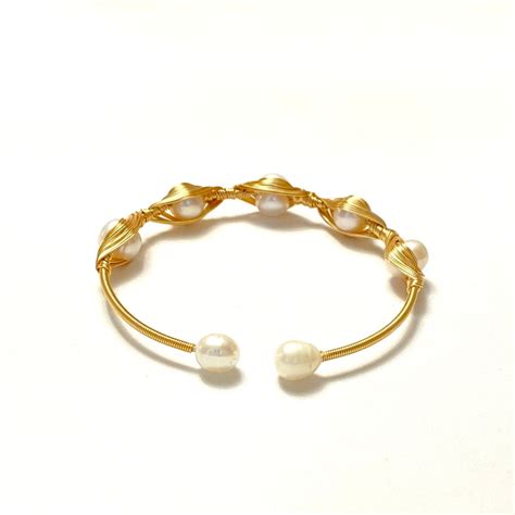 Wire Wrapped Adjustable Freshwater Pearl Bracelet Gold Plated Bangle