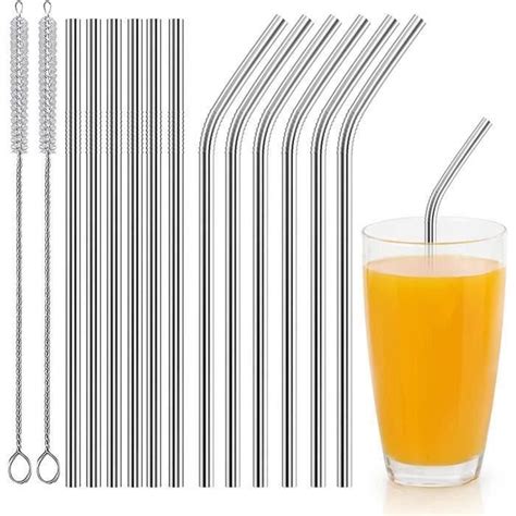 Paille Inox Reutilisable 12Pcs 6 Droites 6 Courbées Pailles Bubble