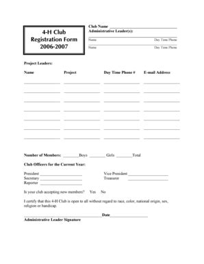 Fillable Online 4 H Club Registration Form 2006 2007 Fax Email Print