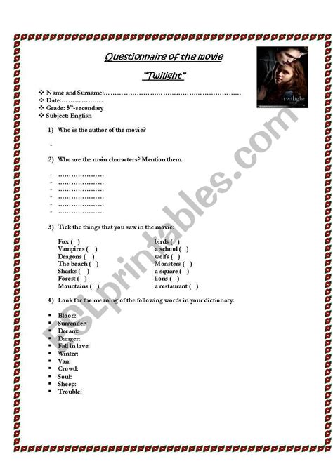 Twilight Questionnaire ESL Worksheet By Pamelix