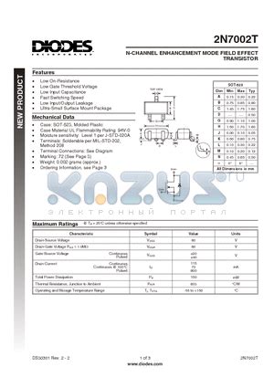 2N7002T Datasheet N CHANNEL ENHANCEMENT MODE FIELD EFFECT TRANSISTOR