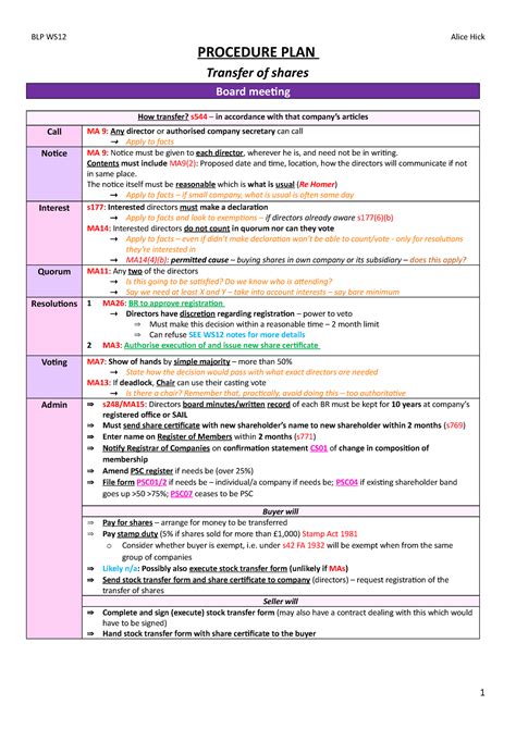 Blp Ws Company Planning Procedure Plan Transfer Of Shares